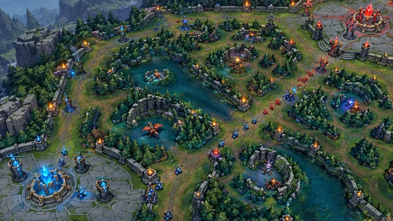 Campo de batalha multijogador de fantasia com visão superior, bases azuis e vermelhas, três rotas, terreno de selva e um rio.