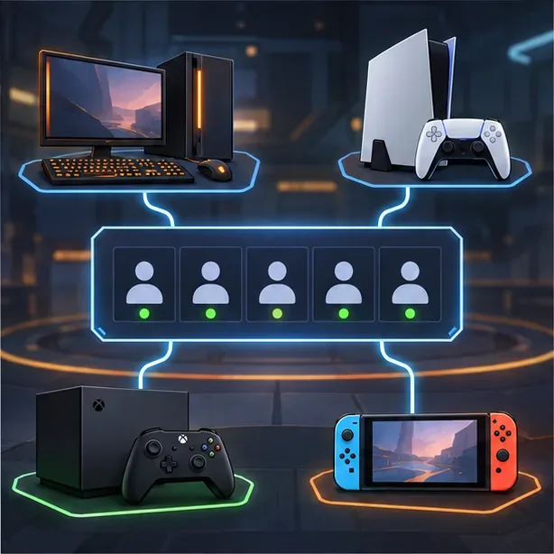 A desktop PC, console systems, and a handheld connect to one shared five-player Overwatch party lobby.