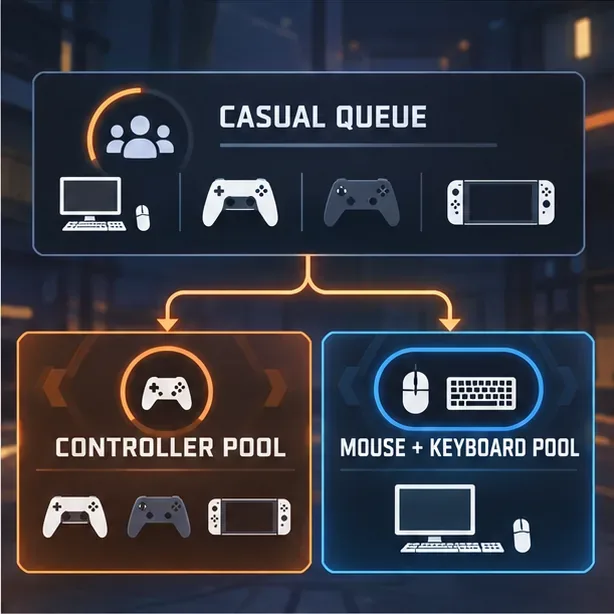 A matchmaking diagram shows PC and console icons in a casual queue, with separate Competitive Controller and Mouse and Keyboard pools below.