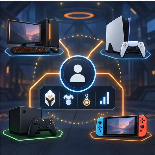 A central account profile connects PC, PlayStation-style and Xbox-style consoles, and a Nintendo handheld, with cosmetic and progress icons between them.