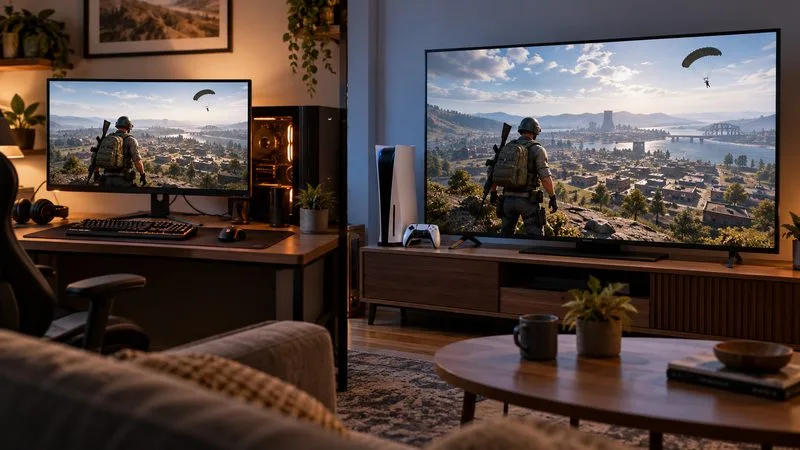 Um monitor de jogos de PC e um console da geração atual exibem o mesmo cenário de battle royale.