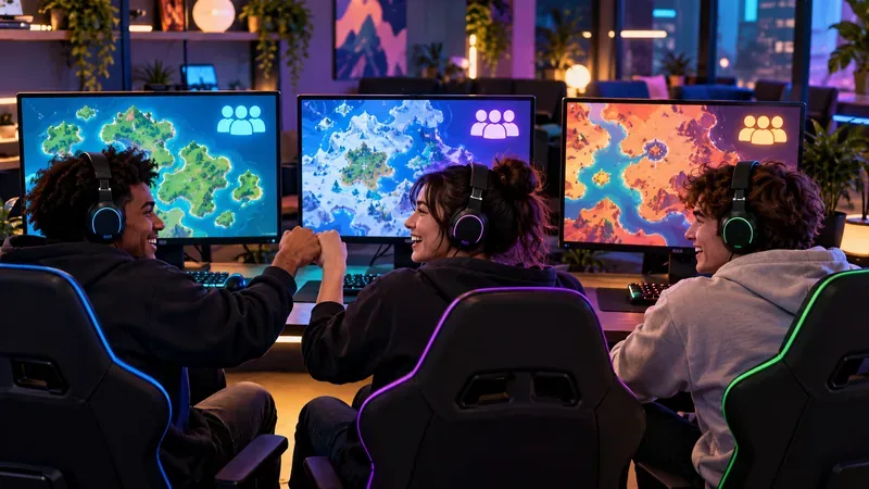 Three friends play at separate gaming stations, each screen showing a different colorful map.