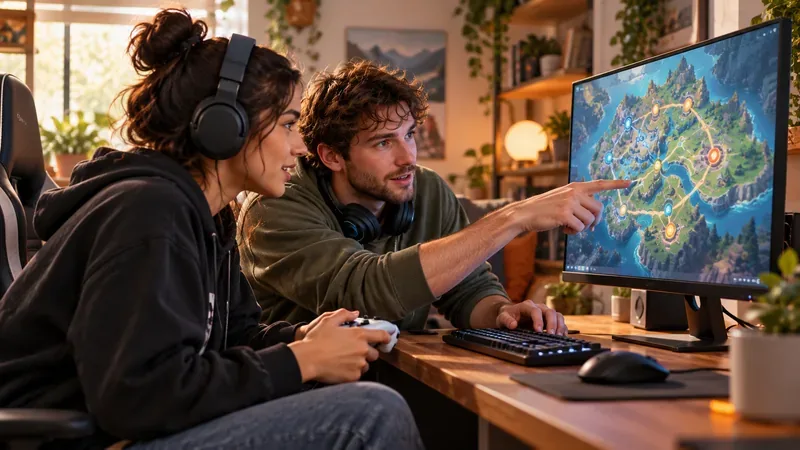 Two friends study a colorful game map at a PC gaming setup.