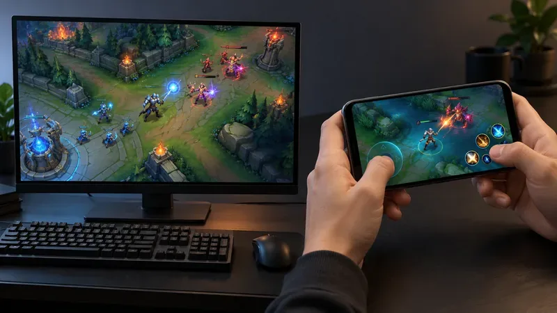 Um monitor de computador com teclado e mouse ao lado de um celular exibindo uma batalha MOBA controlada por toque, ilustrando a diferença entre o PC League e um jogo desenvolvido originalmente para dispositivos móveis.