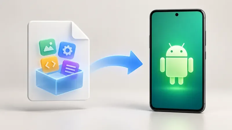 Um ícone genérico de pacote de aplicativo apontando para um telefone Android, mostrando como um pacote de instalação do Android é entregue a um dispositivo.