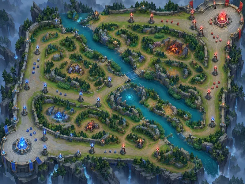 Mapa MOBA conceitual com visão de cima para baixo, apresentando duas bases opostas, três rotas, um rio central, caminhos na selva e torres.
