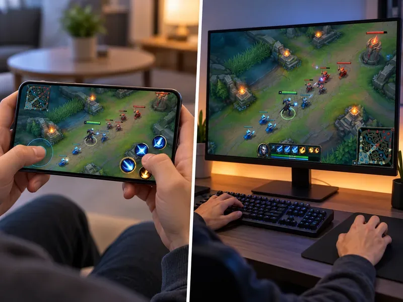 Uma cena conceitual lado a lado compara um telefone horizontal com controles de toque e um monitor de computador com controles de teclado e mouse.