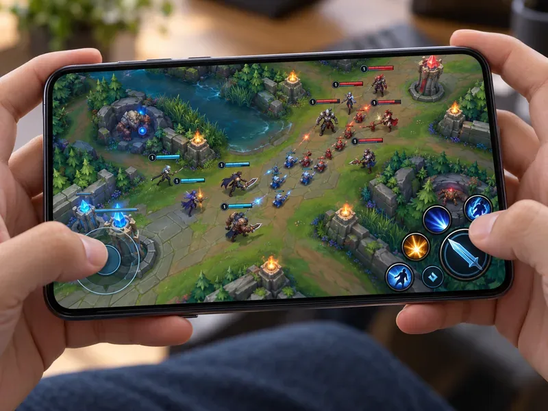Mãos seguram um telefone na horizontal, mostrando um conceito de partida MOBA 5v5 de fantasia com um joystick virtual e botões de habilidades.