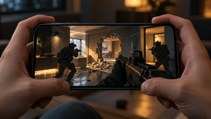 A player holds a smartphone showing a tactical shooter scene with two operators and a breach in a building