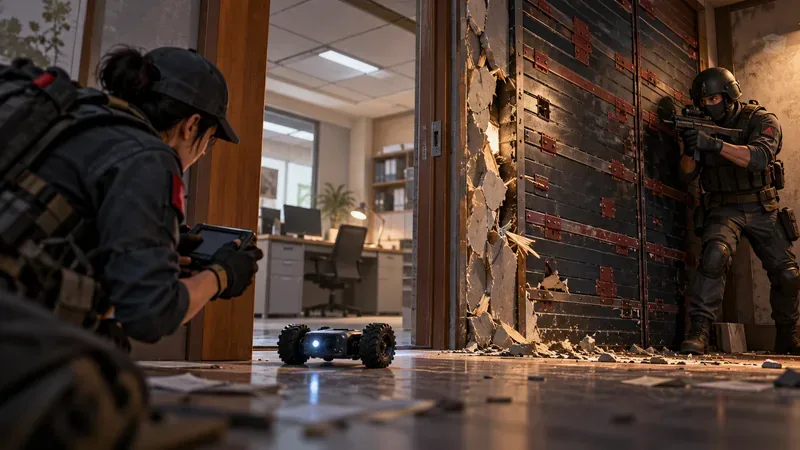 A recon drone approaches a doorway as an operator watches a damaged, reinforced wall in a close-quarters building