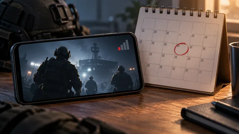 A phone displaying a subdued tactical game scene rests beside a calendar with one January date circled
