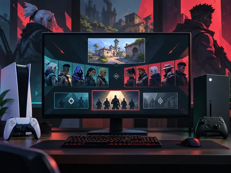 A desktop monitor with a tactical shooter lobby between a PlayStation-style console and an Xbox-style console, illustrating VALORANT's supported platforms