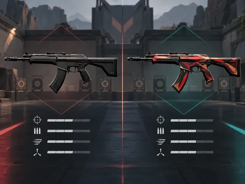 Two matching tactical rifles side by side, one plain and one with a red cosmetic finish, with identical visual stat bars beneath them