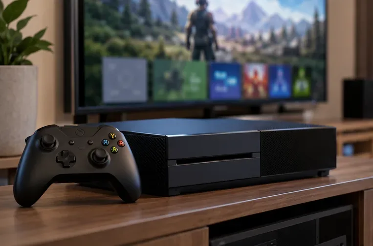 เครื่องเล่นเกม Xbox One และจอยควบคุมถูกตั้งค่าไว้สำหรับการเล่นเกมทั่วไปในร้านค้าปลีก