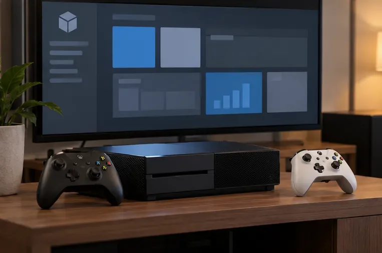 เครื่องเล่นเกม Xbox และจอยควบคุมวางอยู่ใต้หน้าจอแดชบอร์ดสำหรับนักพัฒนาซอฟต์แวร์สีดำเรียบๆ บนจอโทรทัศน์