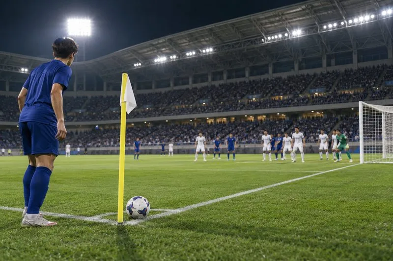 Piłka ustawiona obok żółtej flagi narożnej, a zawodnicy czekają w pobliżu bramki na oświetlonym stadionie
