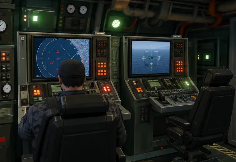 Player seated at a two-console missile station inside a submarine command room