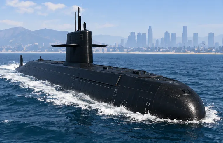 Black Kosatka-style submarine cruising on the surface near the Los Santos skyline