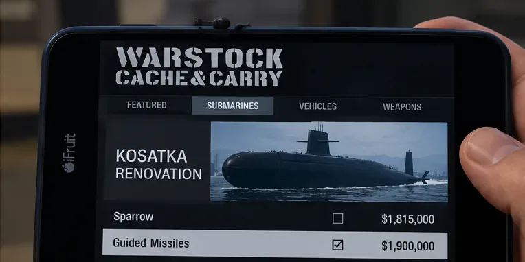 Warstock-style phone screen displaying the Guided Missiles option under Kosatka renovation