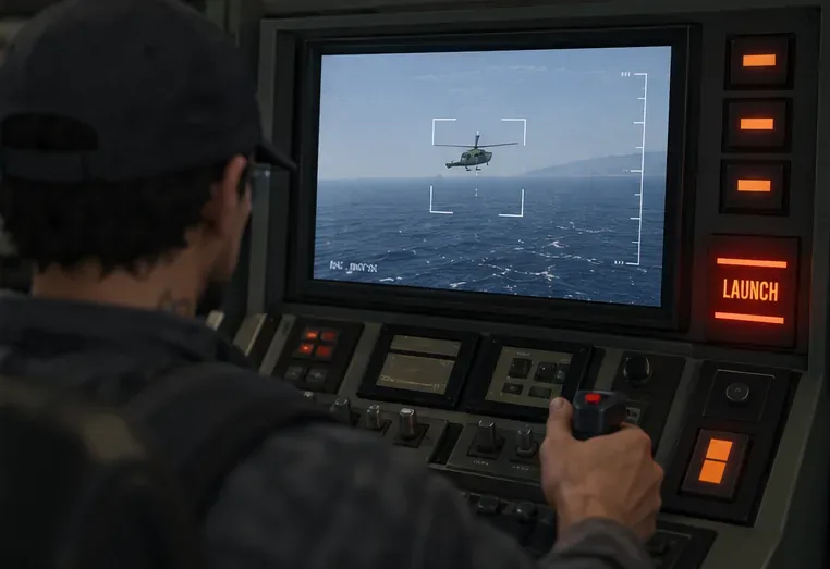 Submarine missile operator watching a helicopter over the ocean on a control monitor