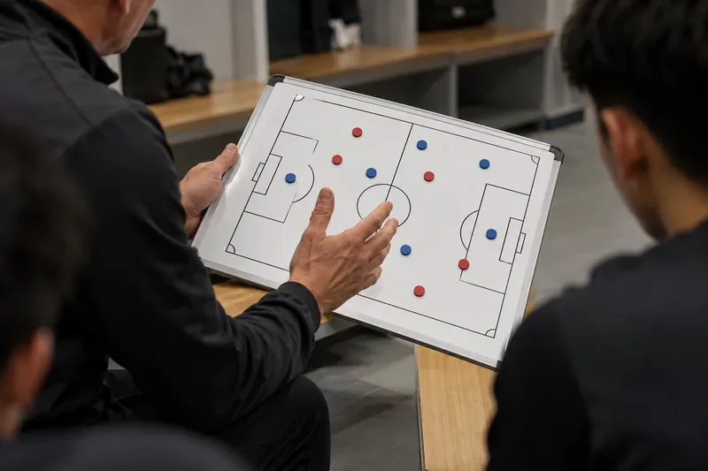 Twee personen bespreken een ongemerkt magnetisch voetbaltactiekbord met eenvoudige rode en blauwe stiften.