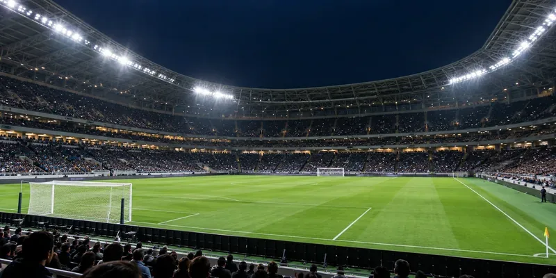 Een breed overzicht van een doorsnee voetbalstadion, 's nachts verlicht rond een leeg groen veld.