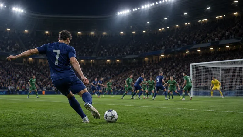Een onbekende speler in een effen donkerblauw tenue maakt zich klaar voor een vrije trap richting een drukbezet strafschopgebied onder de stadionverlichting.