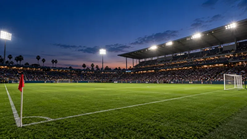Een groot voetbalstadion met een groen veld, volle tribunes en schijnwerpers onder een blauwe avondhemel.