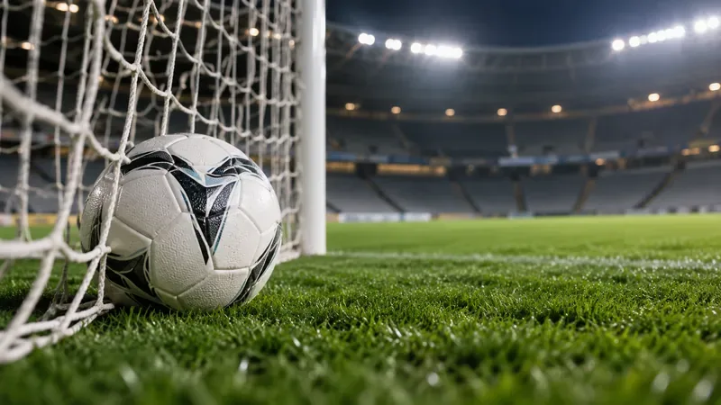 Een voetbal ligt tegen het doelnet op een groen veld onder de stadionverlichting.