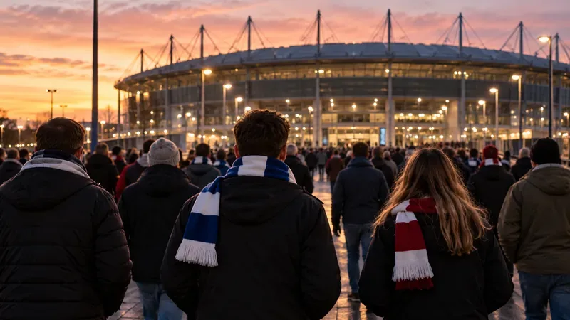 Voetbalfans, van achteren gezien, lopen in de schemering richting een groot stadion.