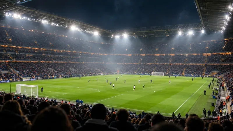 Een breed overzicht van een verlicht voetbalstadion met een groen veld en supporters op de tribunes.