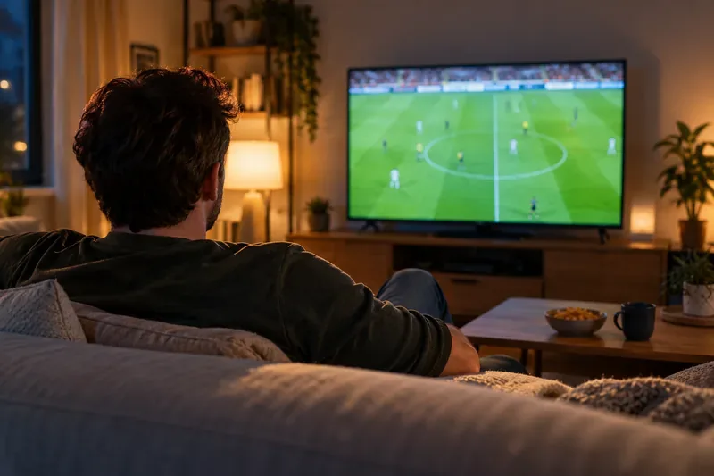 Un aficionado al fútbol viendo un partido de fútbol por televisión desde el sofá de su sala de estar.