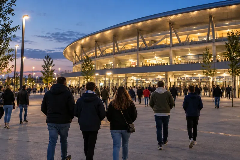 Aficionados caminando hacia la plaza de entrada de un moderno estadio de fútbol al atardecer.