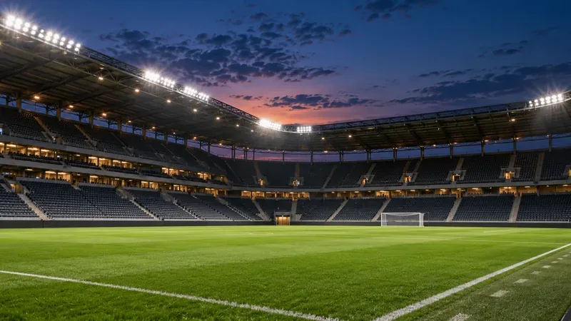 Een leeg voetbalstadion met schijnwerpers die in de schemering boven het veld schijnen.