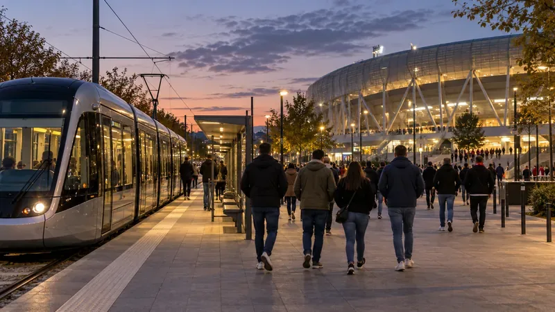 Een tram met voetbalfans op weg naar een modern stadion in de schemering.