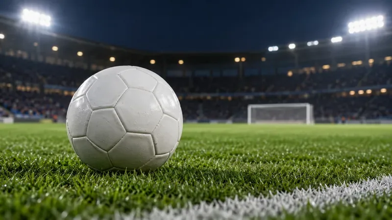 Een gewone voetbal die op kort gras ligt onder de stadionverlichting.