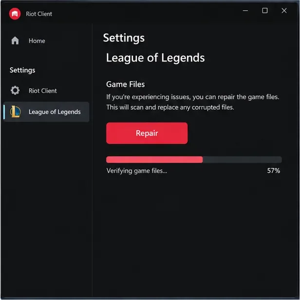 หน้าจอการตั้งค่า League of Legends สไตล์ Riot Client พร้อมปุ่มซ่อมแซมและแสดงความคืบหน้าการตรวจสอบไฟล์