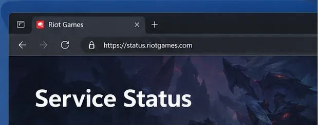 หัวข้อหน้าสถานะการให้บริการของ Riot Games จะเปิดขึ้นในเบราว์เซอร์ก่อนที่จะเลือกเกมและภูมิภาค