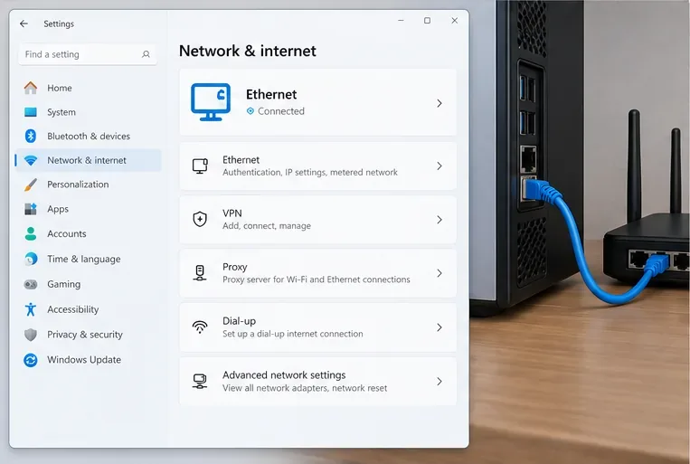 การตั้งค่าเครือข่ายและอินเทอร์เน็ตของ Windows แสดงว่าได้เชื่อมต่อ Ethernet ไว้ข้างๆ พีซีที่เชื่อมต่อกับเราเตอร์ด้วยสายเคเบิล
