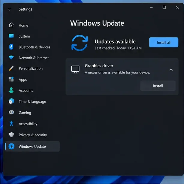 หน้าจอ Windows Update แสดงว่ามีการอัปเดตไดรเวอร์การ์ดจอให้ใช้งานได้