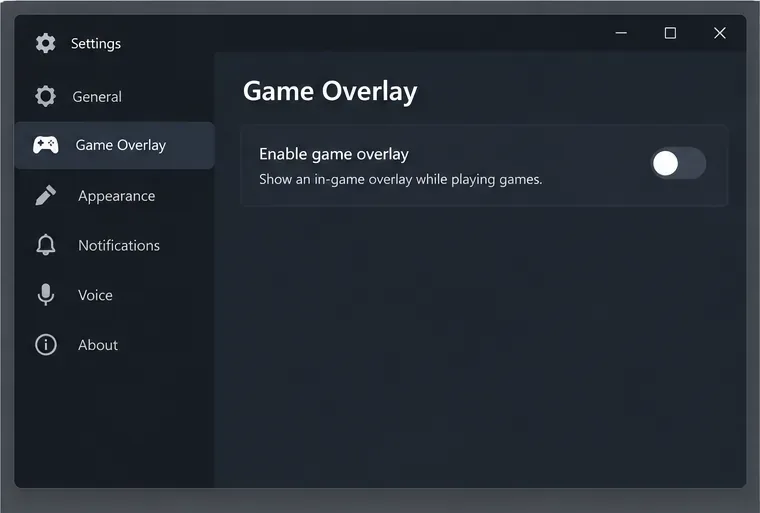 หน้าต่างการตั้งค่า Game Overlay โดยที่ตัวเลือกการแสดงผลโอเวอร์เลย์ในเกมถูกปิดใช้งาน