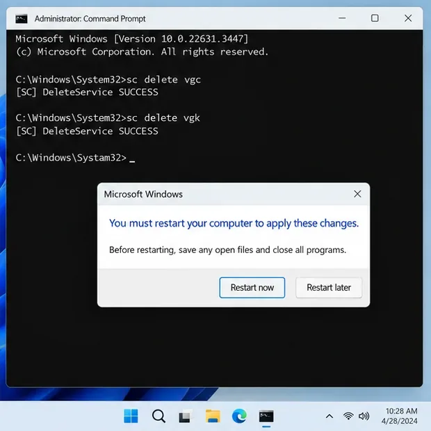 Administrator Command Prompt displaying the vgc and vgk service removal commands followed by a Windows restart prompt