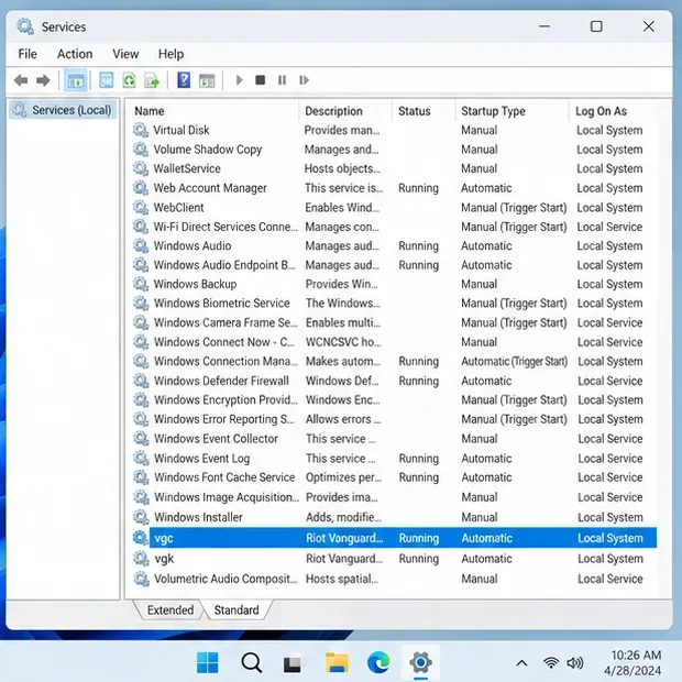 Windows Services window with the vgc Riot Vanguard service selected, Running, and set to Automatic