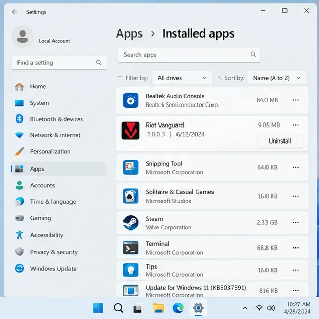 Windows 11 Installed apps page showing Riot Vanguard and its Uninstall button