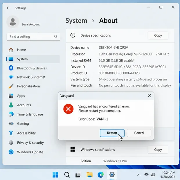 Illustrative Windows dialog showing the exact error code VAN -1 and a Restart button