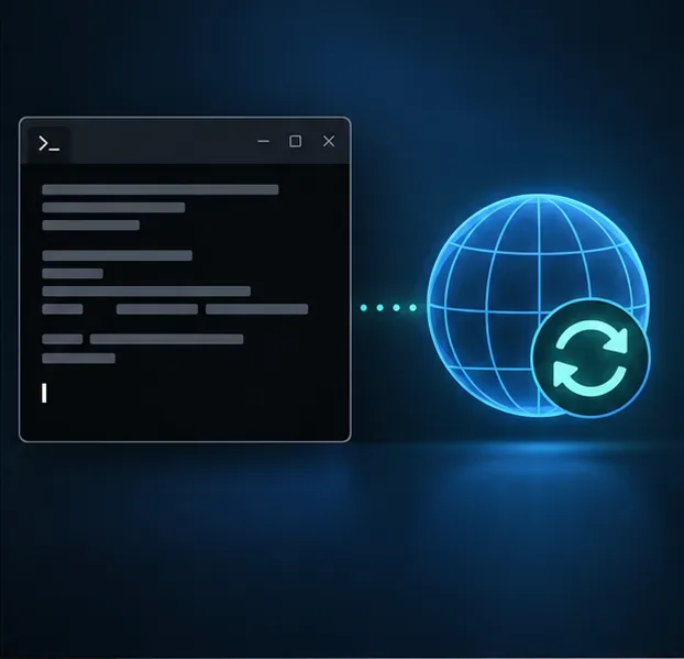 O linie de comandă lângă un glob și un simbol de reîmprospătare, reprezentând o reîmprospătare DNS