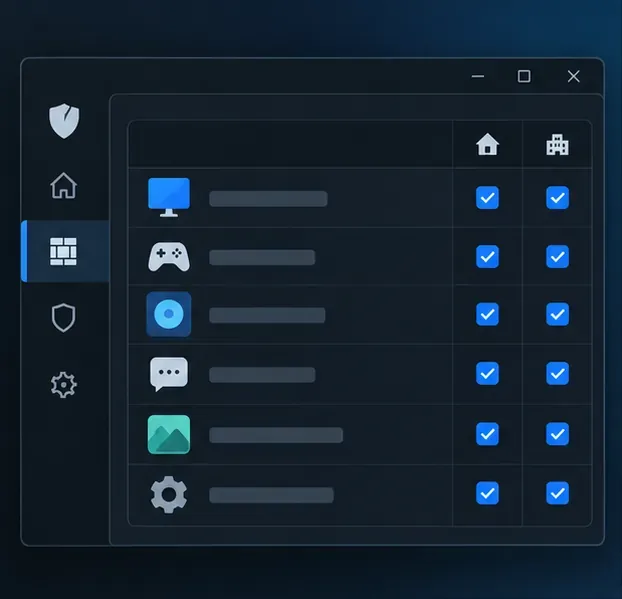 O listă de aplicații permise de firewall, cu rânduri de aplicații activate pentru rețele private și publice