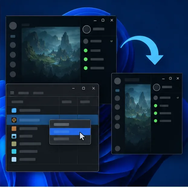 Un client de joc pentru desktop care se închide și se redeschide, afișat cu o săgeată de repornire