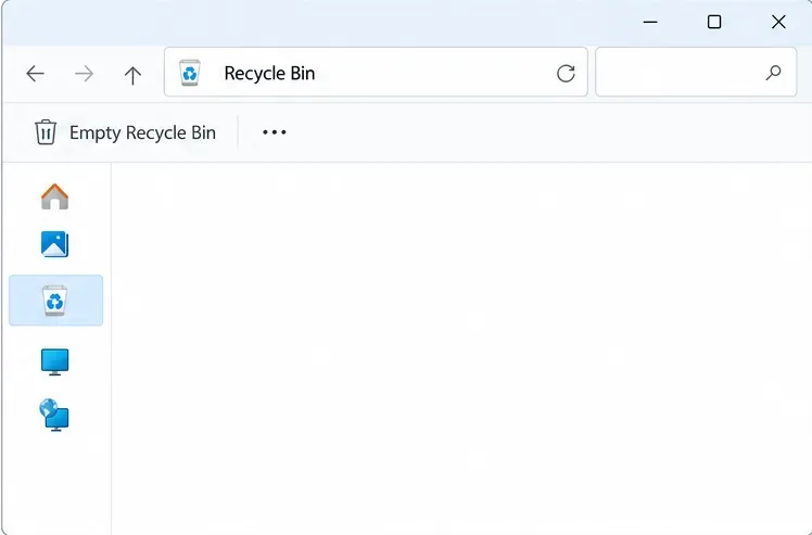 มุมมองถังรีไซเคิลของ Windows โดยมีตัวเลือก "ล้างถังรีไซเคิล" แสดงอยู่ และไม่มีรายการใดแสดงอยู่