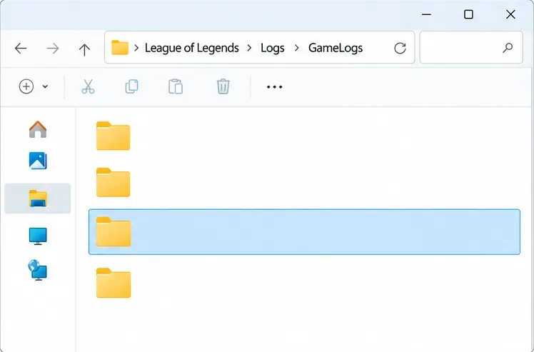 เปิดโปรแกรม Windows File Explorer ในโฟลเดอร์ League GameLogs โดยเลือกโฟลเดอร์เซสชันไว้หนึ่งโฟลเดอร์